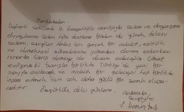 Demîrtaş: Ezê têkoşîna xwe ya ji bo edalet, wekhevî û demokrasiyê bidomînim